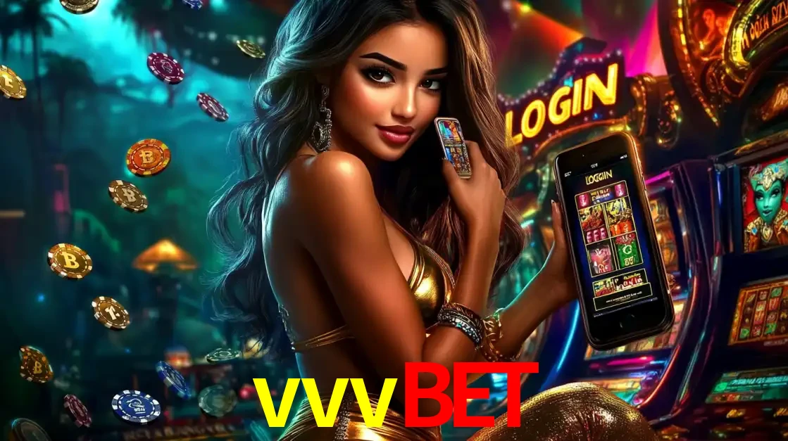 Mulher em um cenário de cassino temático de aventura, mostrando o app de caça-níqueis da vvvbet no celular. Fichas de apostas flutuam ao redor.