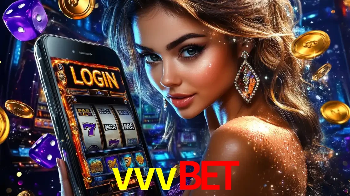 Mulher glamorosa segurando um smartphone com a tela de login para os jogos de caça-níqueis do cassino online vvvbet, com moedas de ouro e dados ao redor.