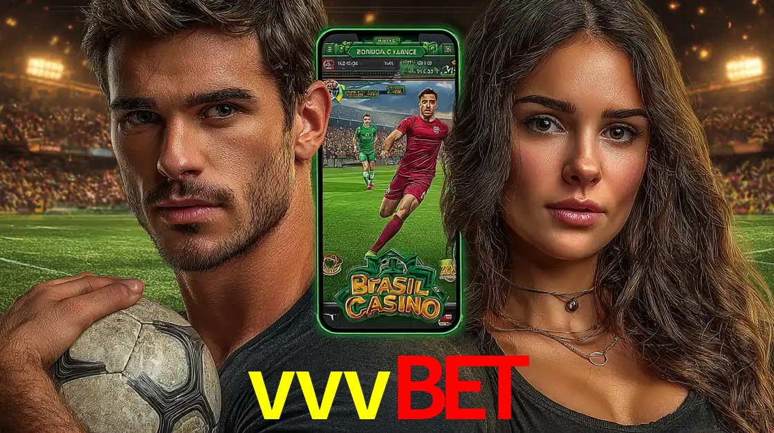 Homem segurando uma bola de futebol e uma mulher ao lado de um smartphone exibindo o jogo de apostas esportivas da vvvbet. Faça seu palpite no cassino online.
